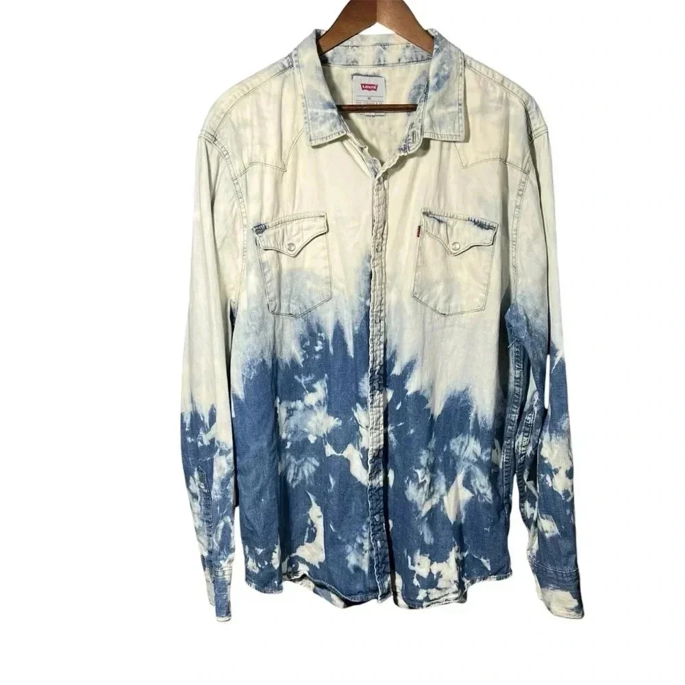 Levis Denim Shirt Mens‎ Sz XXL Bleach Dipped Pearl Snap Long Sleeve Jean …